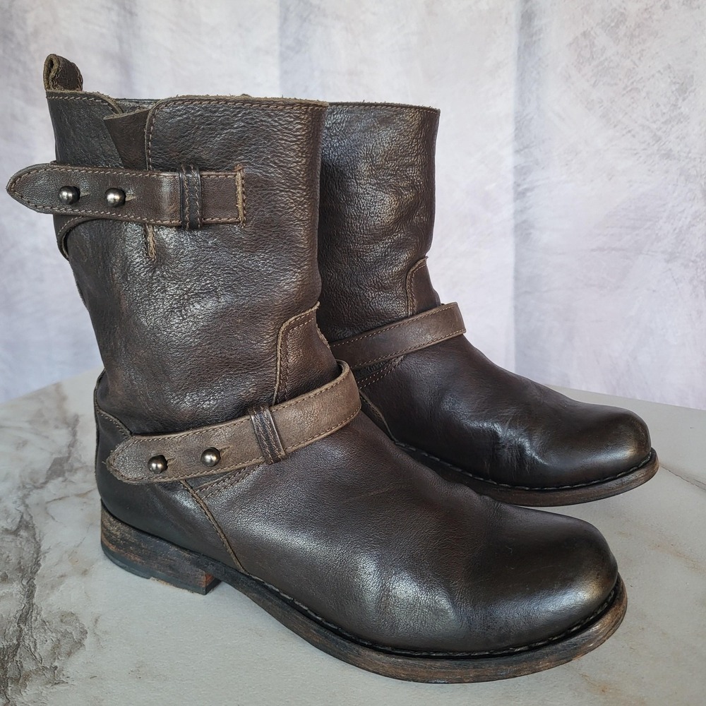 Rag & Bone Boots Womens Size 37/7 Brown Leather Biker Mid Calf Pull On Studded